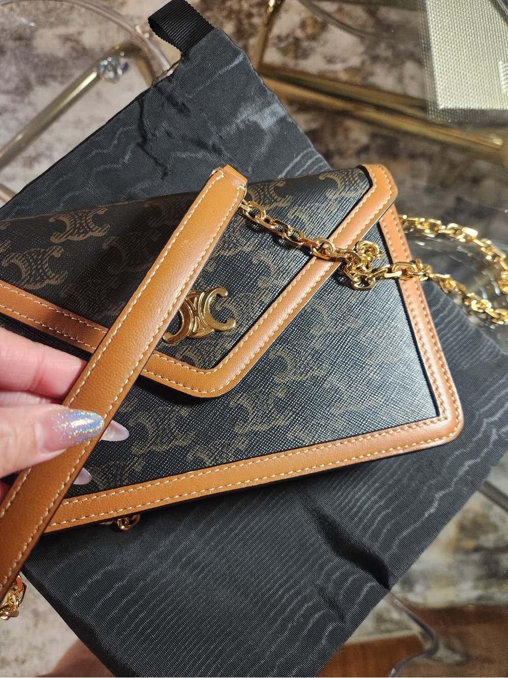 Celine Triomphe Black Monogram Crossbody with Tan Trim and Gold Chain